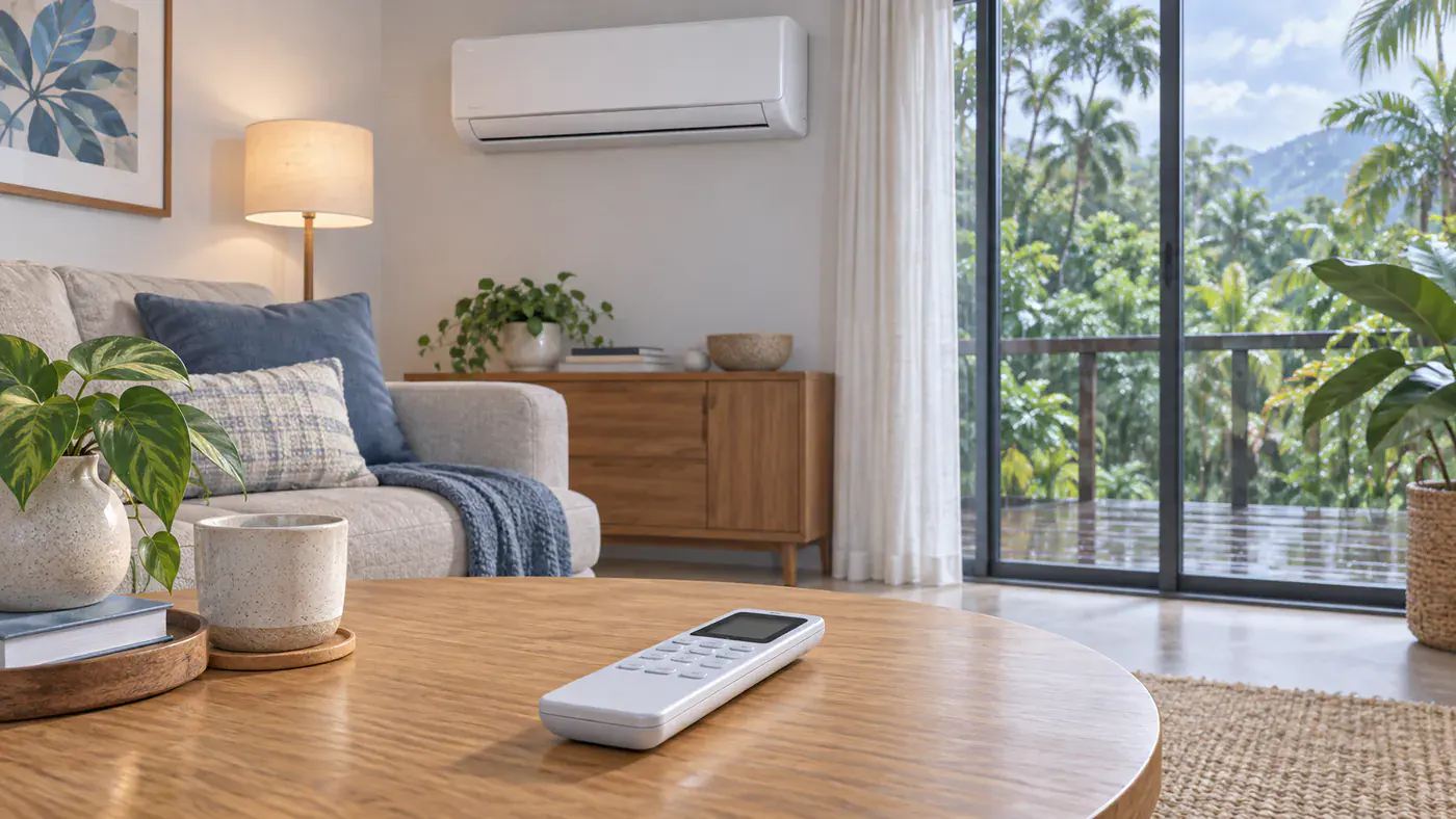 Illustration of a remote on a table in a living room with a wall-mounted air conditioner.