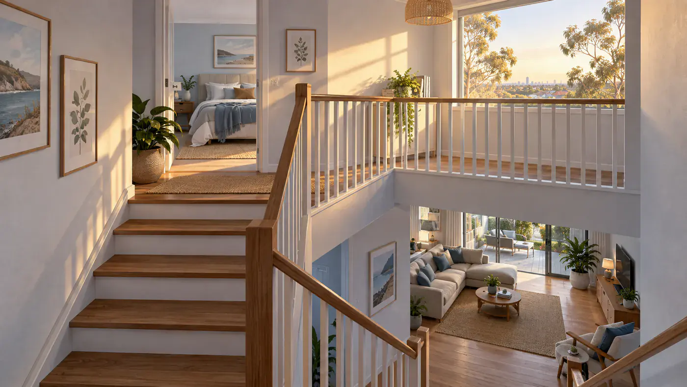 Illustration of a sunlit upstairs landing overlooking a downstairs living area.