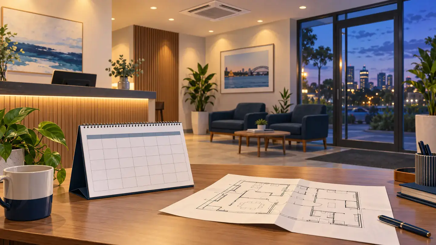 Editorial illustration of a reception at dusk with a calendar and floor plan on a desk.